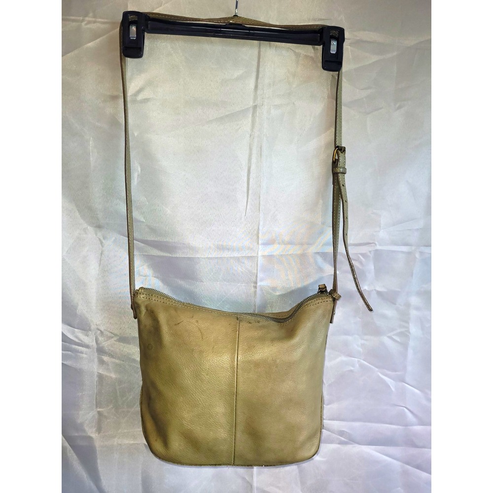 American Leather Co. Beige Pebbled Crossbody Bag, Zip Closure, Brass Hardware